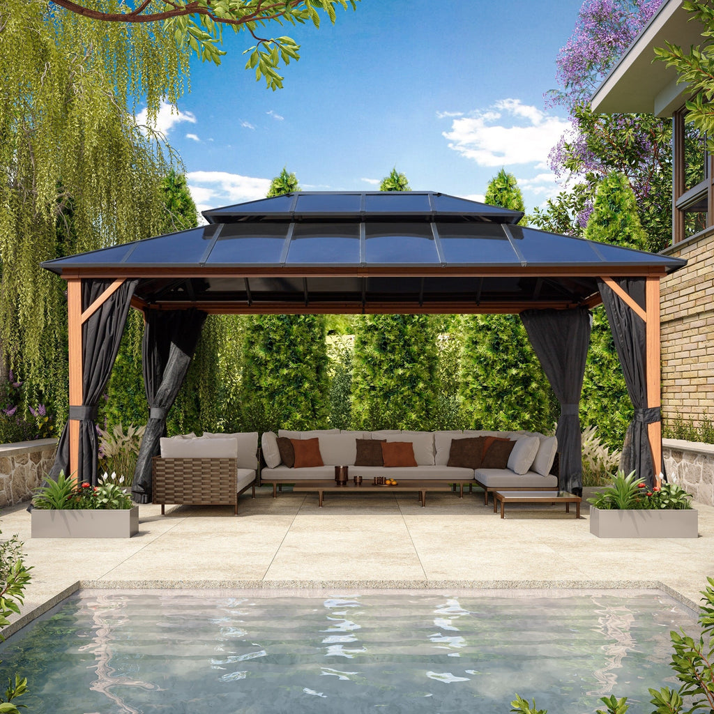Gazebo à toit rigide EROMMY, pergola d'extérieur avec double toit, filet et rideaux, auvent robuste pour patio, arrière-cour, fête au bord de la piscine