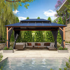 Gazebo à toit rigide EROMMY, pergola d'extérieur avec double toit, filet et rideaux, auvent robuste pour patio, arrière-cour, fête au bord de la piscine