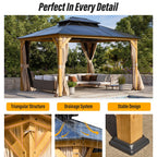 Gazebo à toit rigide EROMMY, pergola d'extérieur avec double toit, filet et rideaux, auvent robuste pour patio, arrière-cour, fête au bord de la piscine