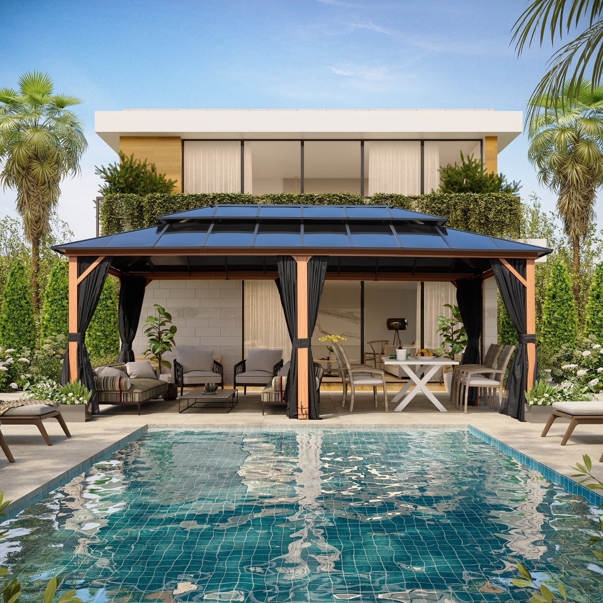 Gazebo à toit rigide EROMMY, pergola d'extérieur avec double toit, filet et rideaux, auvent robuste pour patio, arrière-cour, fête au bord de la piscine