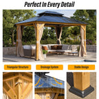 Gazebo à toit rigide EROMMY, pergola d'extérieur avec double toit, filet et rideaux, auvent robuste pour patio, arrière-cour, fête au bord de la piscine