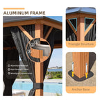 Gazebo à toit rigide EROMMY, pergola d'extérieur avec double toit, filet et rideaux, auvent robuste pour patio, arrière-cour, fête au bord de la piscine
