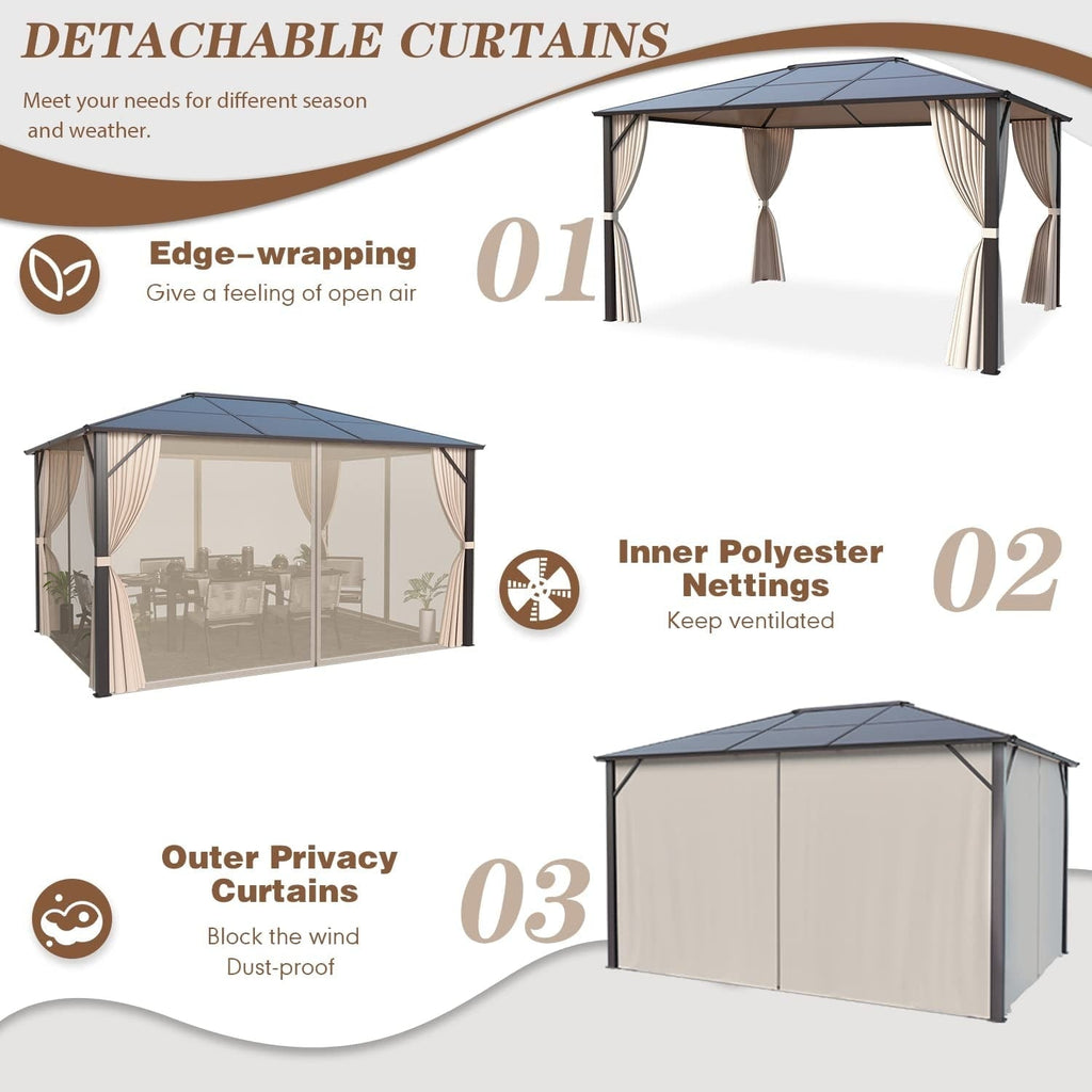 Gazebo à toit rigide EROMMY, pergola d'extérieur avec double toit, filet et rideaux, auvent robuste pour patio, arrière-cour, fête au bord de la piscine