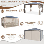 Gazebo à toit rigide EROMMY, pergola d'extérieur avec double toit, filet et rideaux, auvent robuste pour patio, arrière-cour, fête au bord de la piscine
