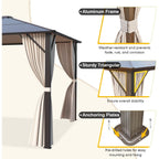 Gazebo à toit rigide EROMMY, pergola d'extérieur avec double toit, filet et rideaux, auvent robuste pour patio, arrière-cour, fête au bord de la piscine