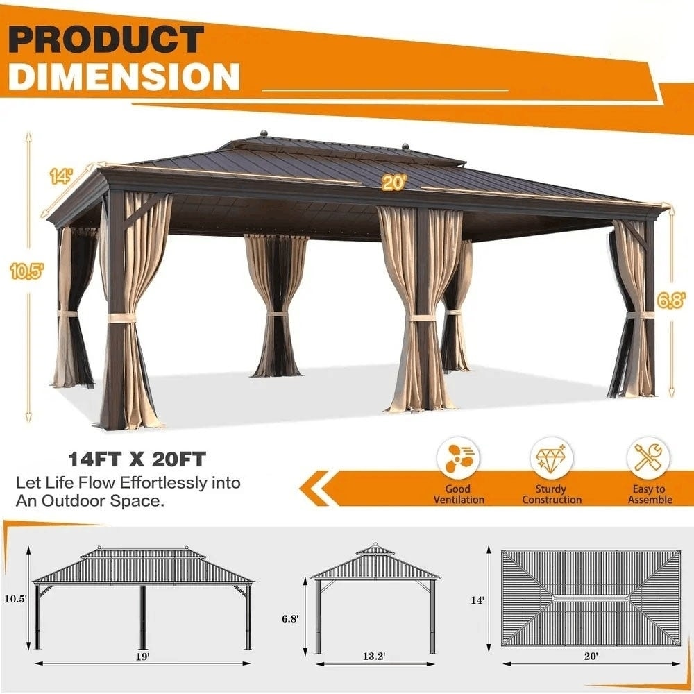 Tonnelle d'extérieur à toit rigide avec double toit en acier galvanisé et cadre en aluminium, pergola extérieure avec rideaux et filets haut de gamme