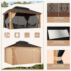 Tonnelle d'extérieur à toit rigide avec double toit en acier galvanisé et cadre en aluminium, pergola extérieure avec rideaux et filets haut de gamme