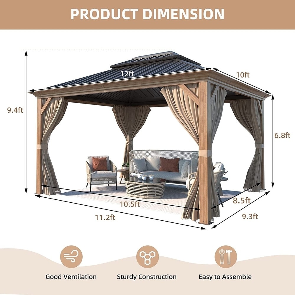 Tonnelle d'extérieur à toit rigide avec double toit en acier galvanisé et cadre en aluminium, pergola extérieure avec rideaux et filets haut de gamme