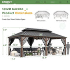 Tonnelle d'extérieur à toit rigide avec double toit en acier galvanisé et cadre en aluminium, pergola extérieure avec rideaux et filets haut de gamme