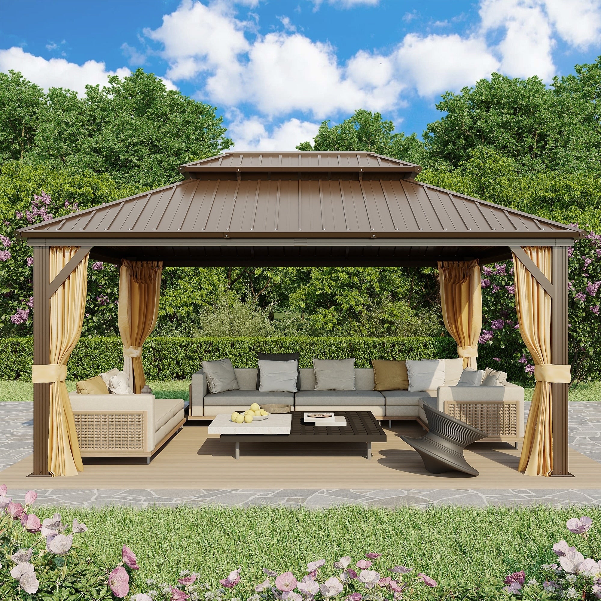 Tonnelle d'extérieur à toit rigide avec double toit en acier galvanisé et cadre en aluminium, pergola extérieure avec rideaux et filets haut de gamme