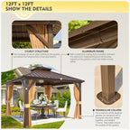 Tonnelle d'extérieur à toit rigide avec double toit en acier galvanisé et cadre en aluminium, pergola extérieure avec rideaux et filets haut de gamme