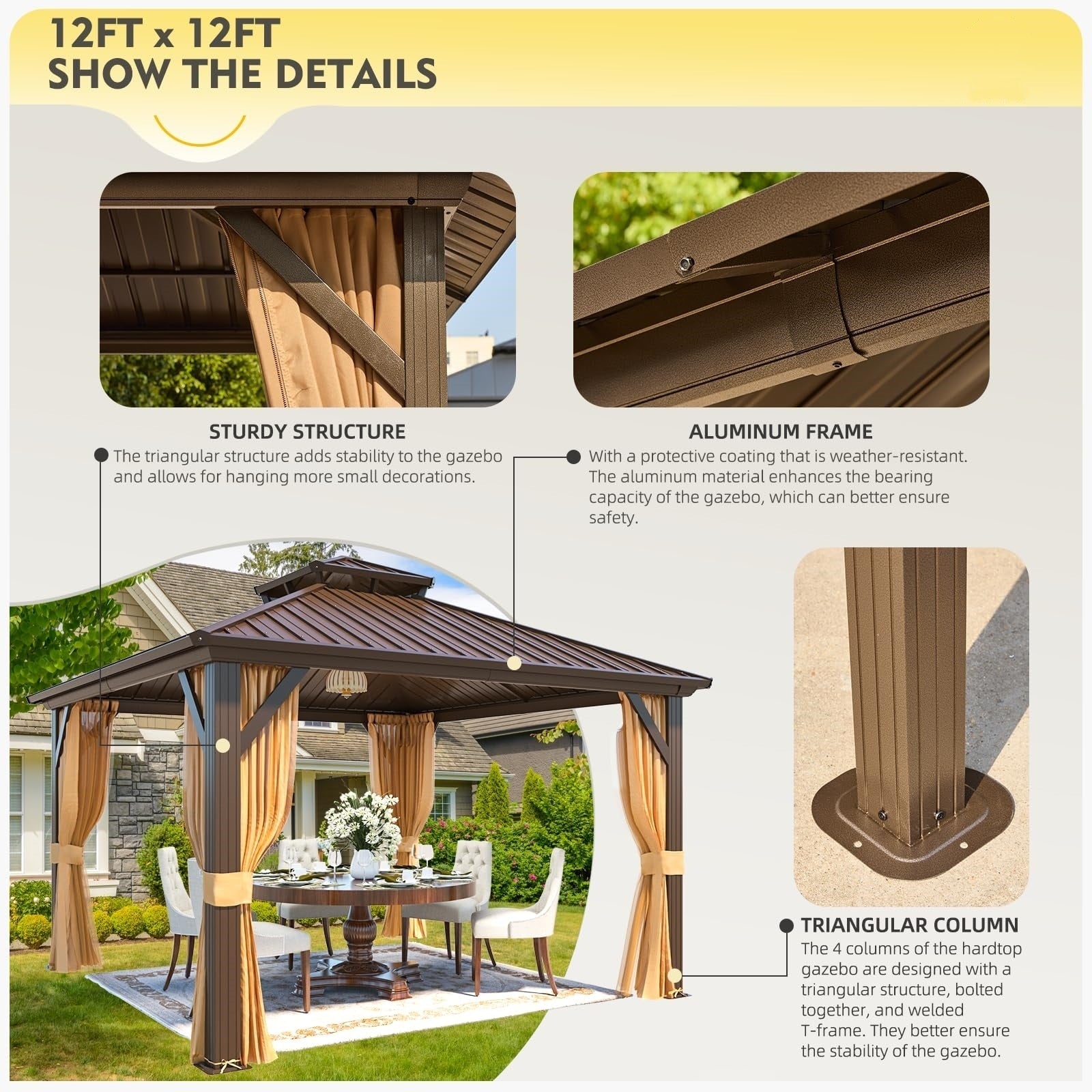 Tonnelle d'extérieur à toit rigide avec double toit en acier galvanisé et cadre en aluminium, pergola extérieure avec rideaux et filets haut de gamme