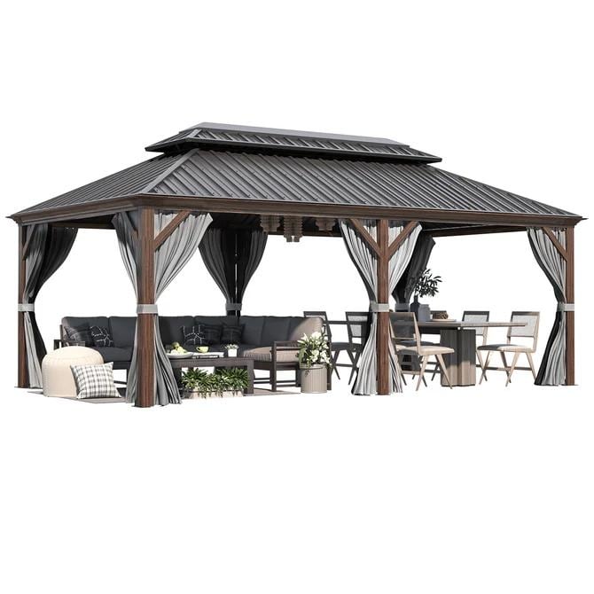 Tonnelle d'extérieur à toit rigide avec double toit en acier galvanisé et cadre en aluminium, pergola extérieure avec rideaux et filets haut de gamme