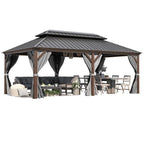 Tonnelle d'extérieur à toit rigide avec double toit en acier galvanisé et cadre en aluminium, pergola extérieure avec rideaux et filets haut de gamme