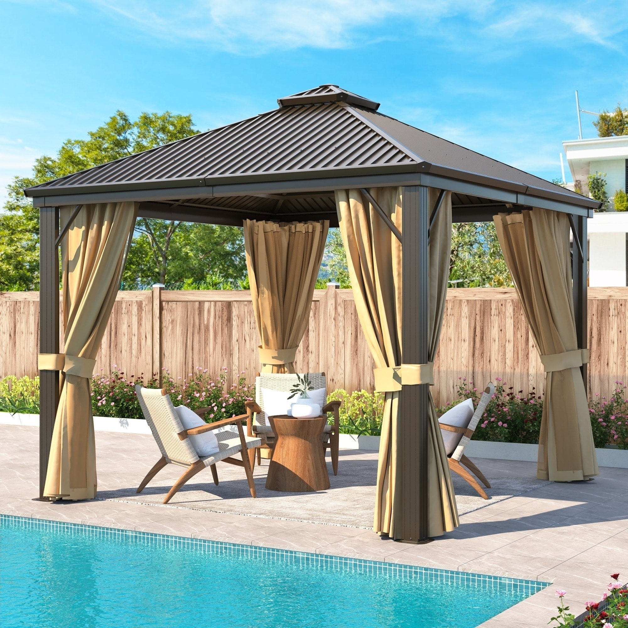 Tonnelle d'extérieur à toit rigide avec double toit en acier galvanisé et cadre en aluminium, pergola extérieure avec rideaux et filets haut de gamme