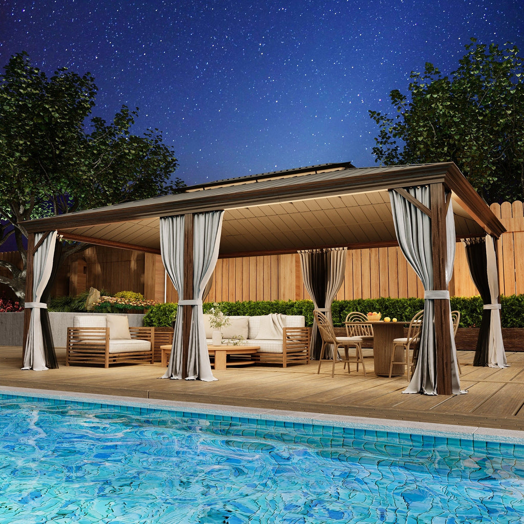 Tonnelle d'extérieur à toit rigide avec double toit en acier galvanisé et cadre en aluminium, pergola extérieure avec rideaux et filets haut de gamme