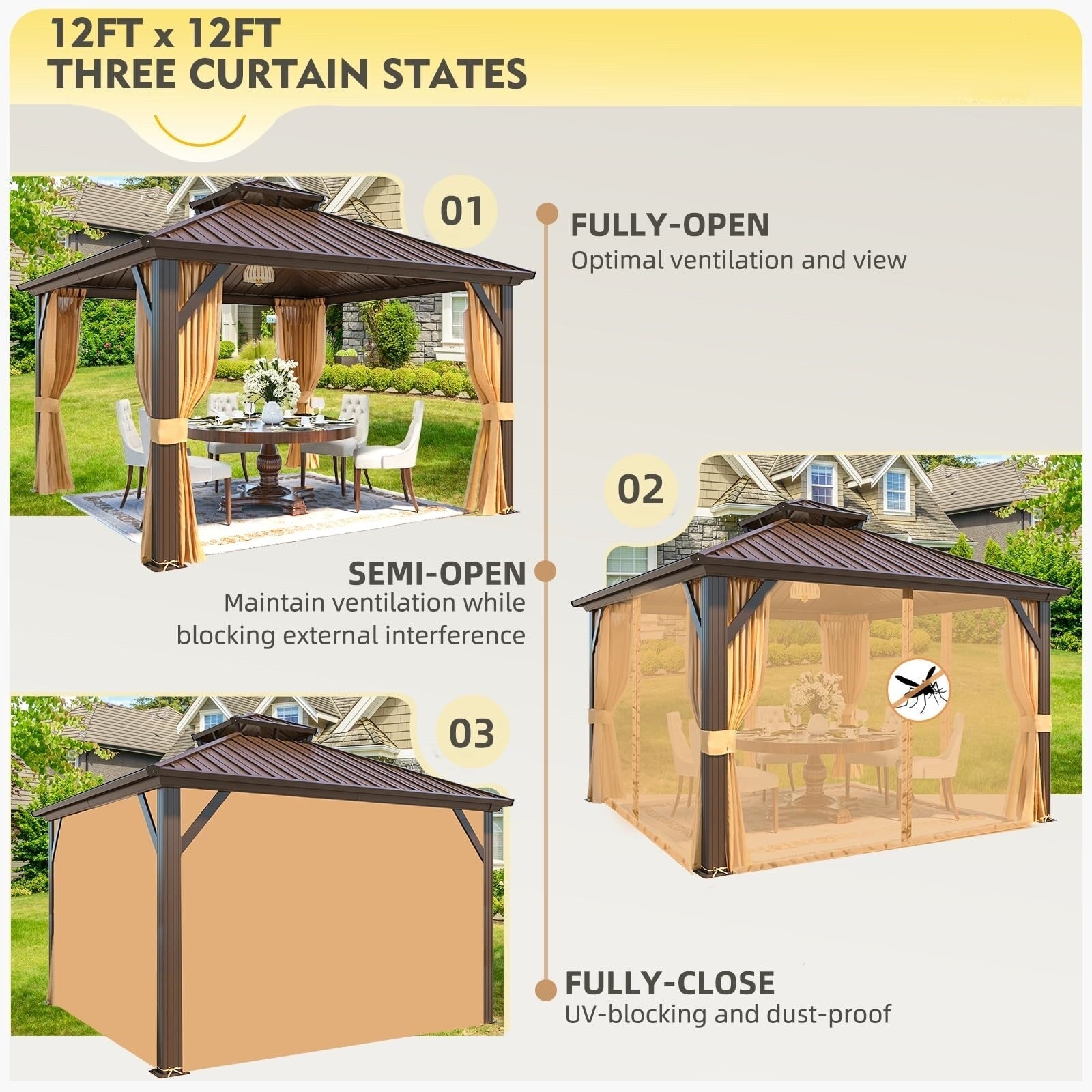 Tonnelle d'extérieur à toit rigide avec double toit en acier galvanisé et cadre en aluminium, pergola extérieure avec rideaux et filets haut de gamme