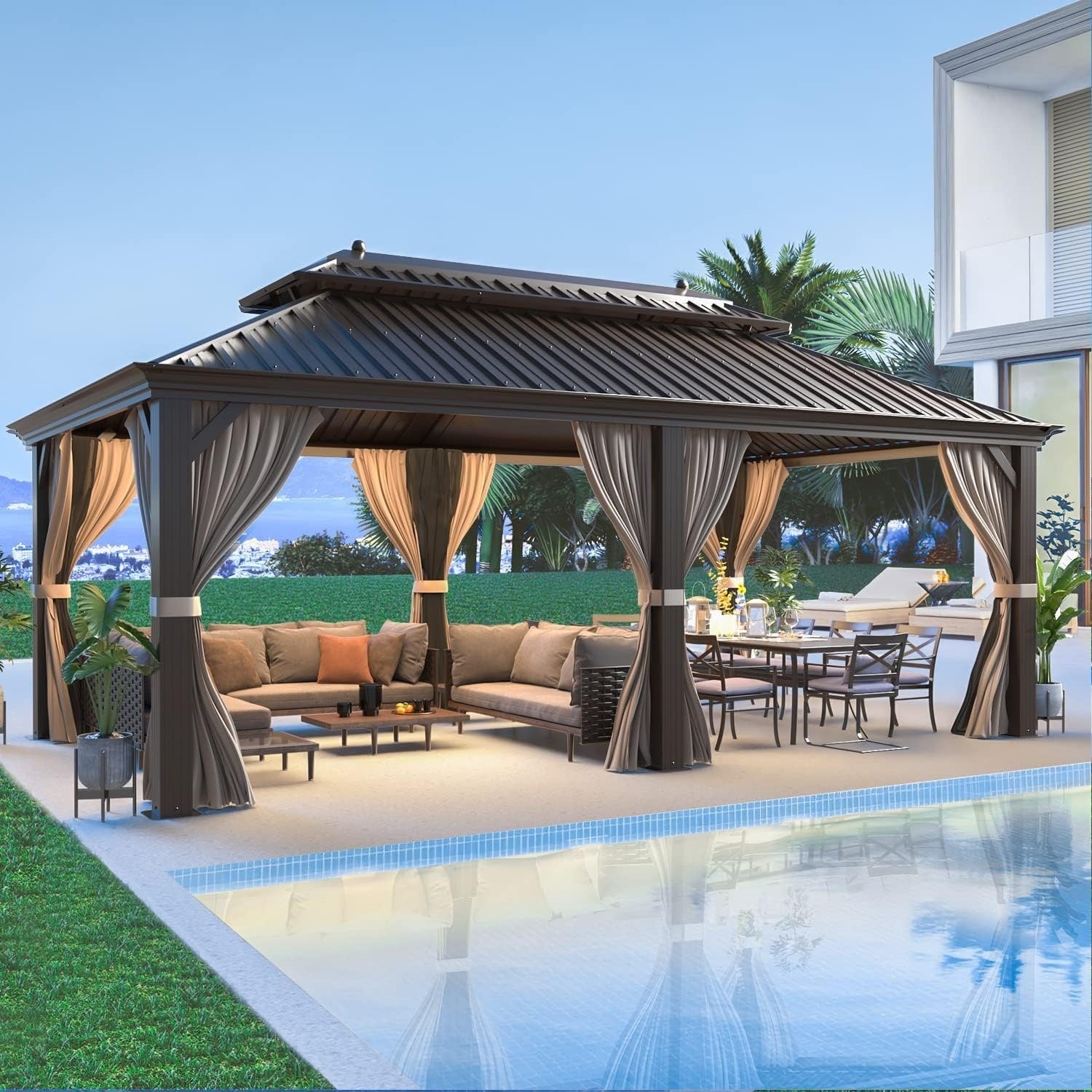 Tonnelle d'extérieur à toit rigide avec double toit en acier galvanisé et cadre en aluminium, pergola extérieure avec rideaux et filets haut de gamme