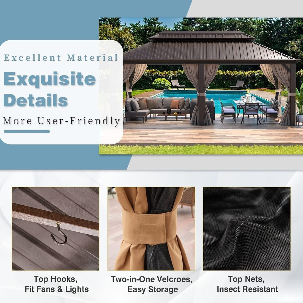 Tonnelle d'extérieur à toit rigide avec double toit en acier galvanisé et cadre en aluminium, pergola extérieure avec rideaux et filets haut de gamme
