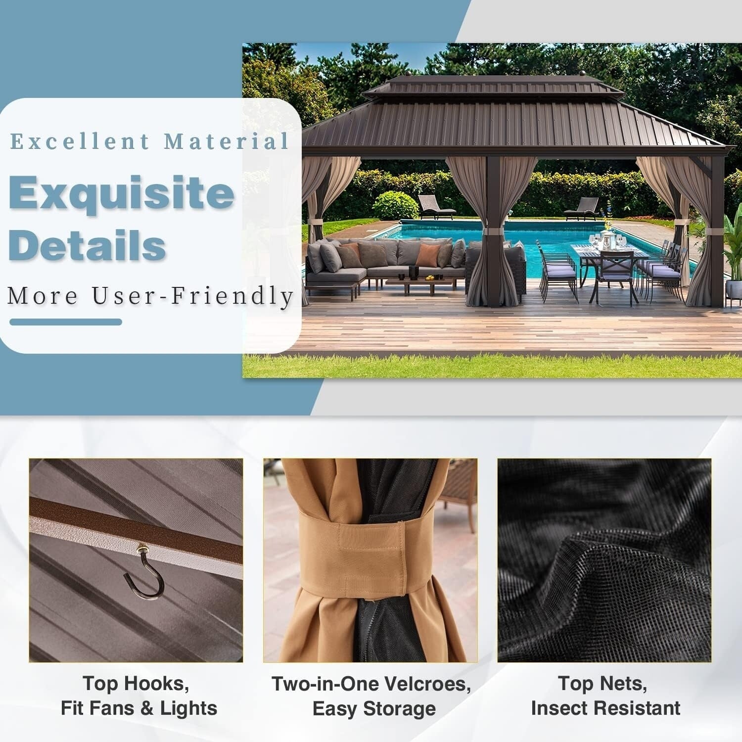 Tonnelle d'extérieur à toit rigide avec double toit en acier galvanisé et cadre en aluminium, pergola extérieure avec rideaux et filets haut de gamme