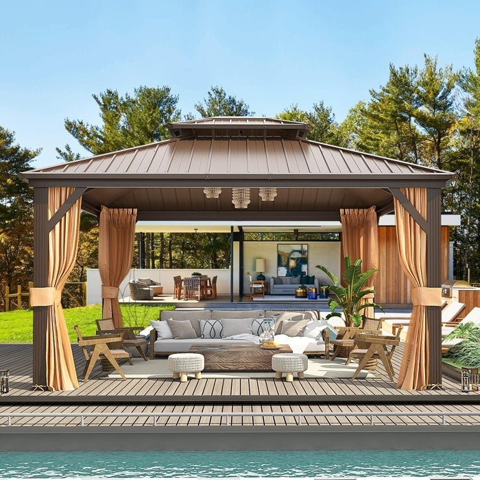 Tonnelle d'extérieur à toit rigide avec double toit en acier galvanisé et cadre en aluminium, pergola extérieure avec rideaux et filets haut de gamme