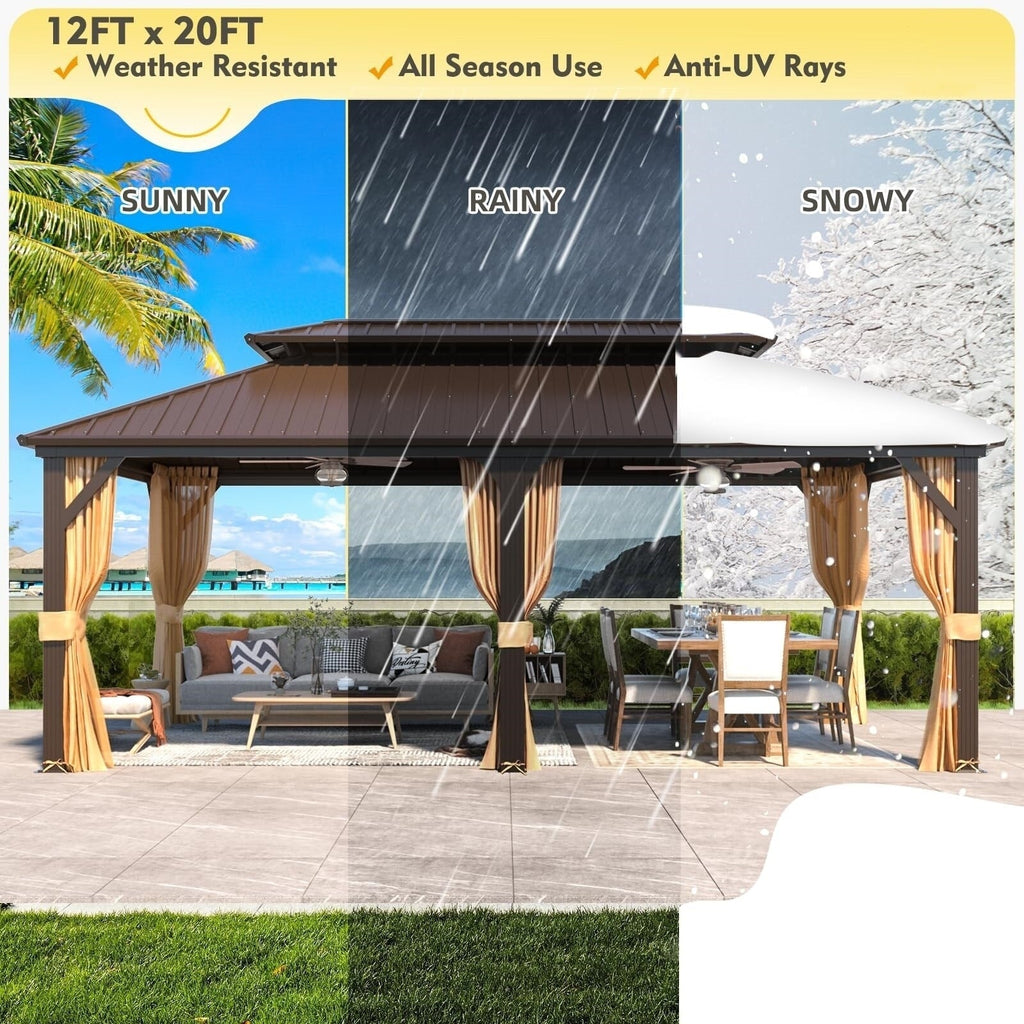 Tonnelle d'extérieur à toit rigide avec double toit en acier galvanisé et cadre en aluminium, pergola extérieure avec rideaux et filets haut de gamme
