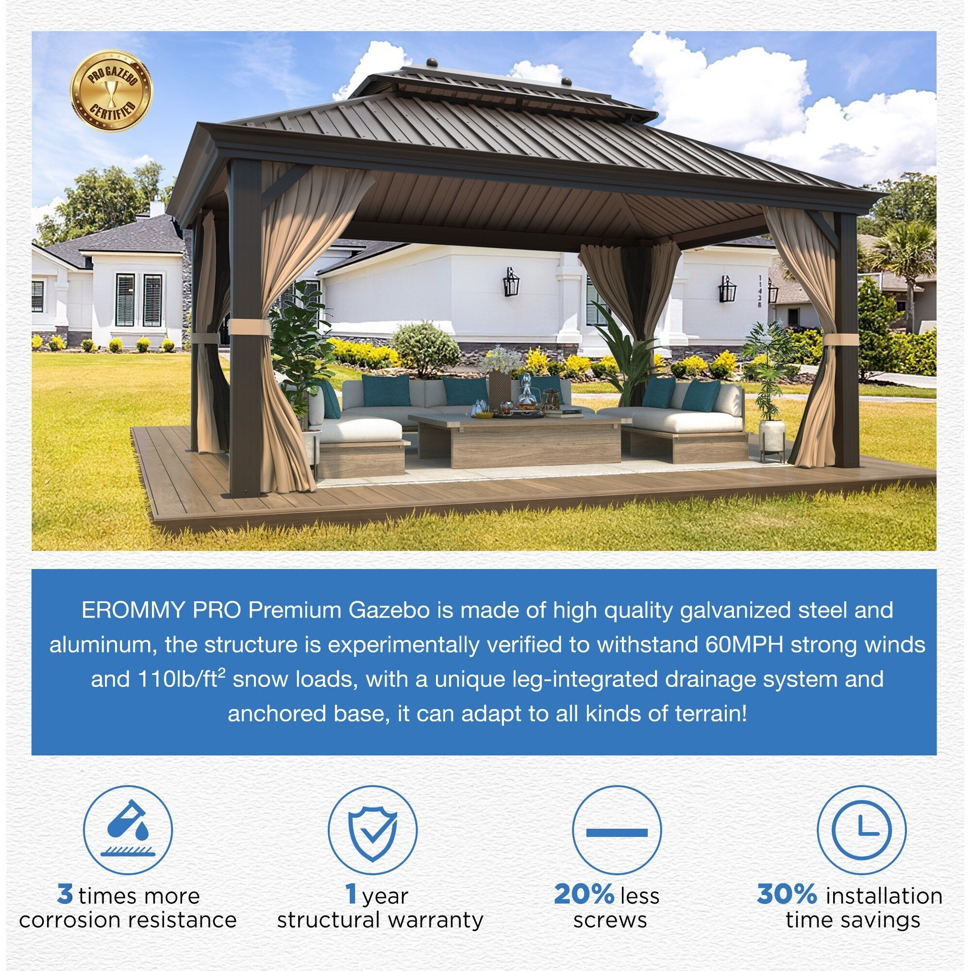 Tonnelle d'extérieur à toit rigide avec double toit en acier galvanisé et cadre en aluminium, pergola extérieure avec rideaux et filets haut de gamme