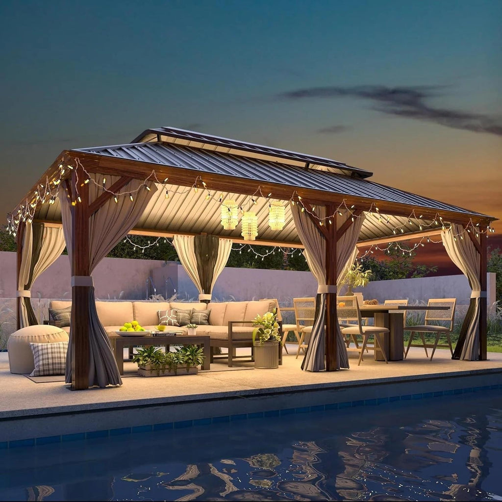 Tonnelle d'extérieur à toit rigide avec double toit en acier galvanisé et cadre en aluminium, pergola extérieure avec rideaux et filets haut de gamme