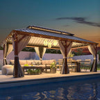 Tonnelle d'extérieur à toit rigide avec double toit en acier galvanisé et cadre en aluminium, pergola extérieure avec rideaux et filets haut de gamme