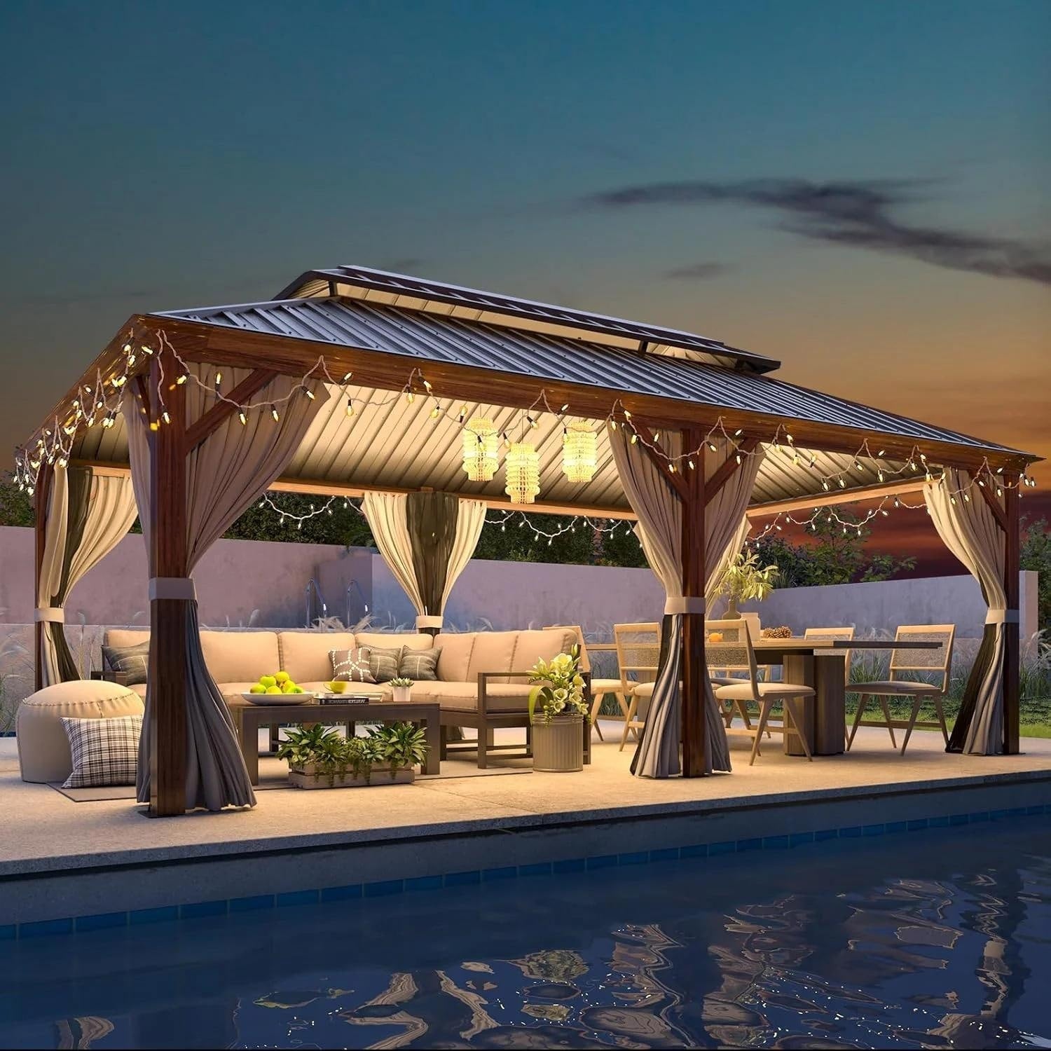 Tonnelle d'extérieur à toit rigide avec double toit en acier galvanisé et cadre en aluminium, pergola extérieure avec rideaux et filets haut de gamme