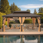 Tonnelle d'extérieur à toit rigide avec double toit en acier galvanisé et cadre en aluminium, pergola extérieure avec rideaux et filets haut de gamme