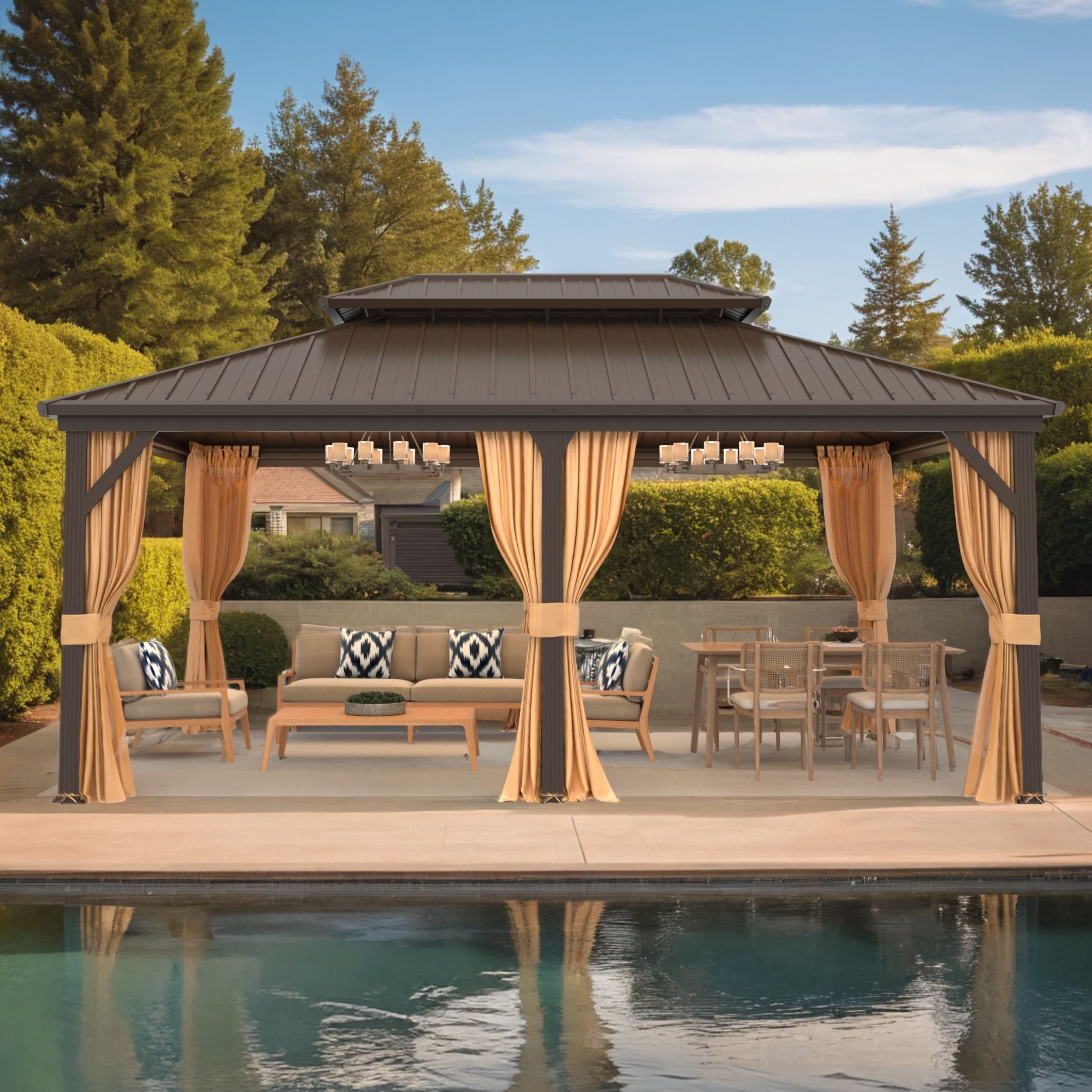 Tonnelle d'extérieur à toit rigide avec double toit en acier galvanisé et cadre en aluminium, pergola extérieure avec rideaux et filets haut de gamme