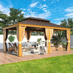 Tonnelle d'extérieur à toit rigide avec double toit en acier galvanisé et cadre en aluminium, pergola extérieure avec rideaux et filets haut de gamme