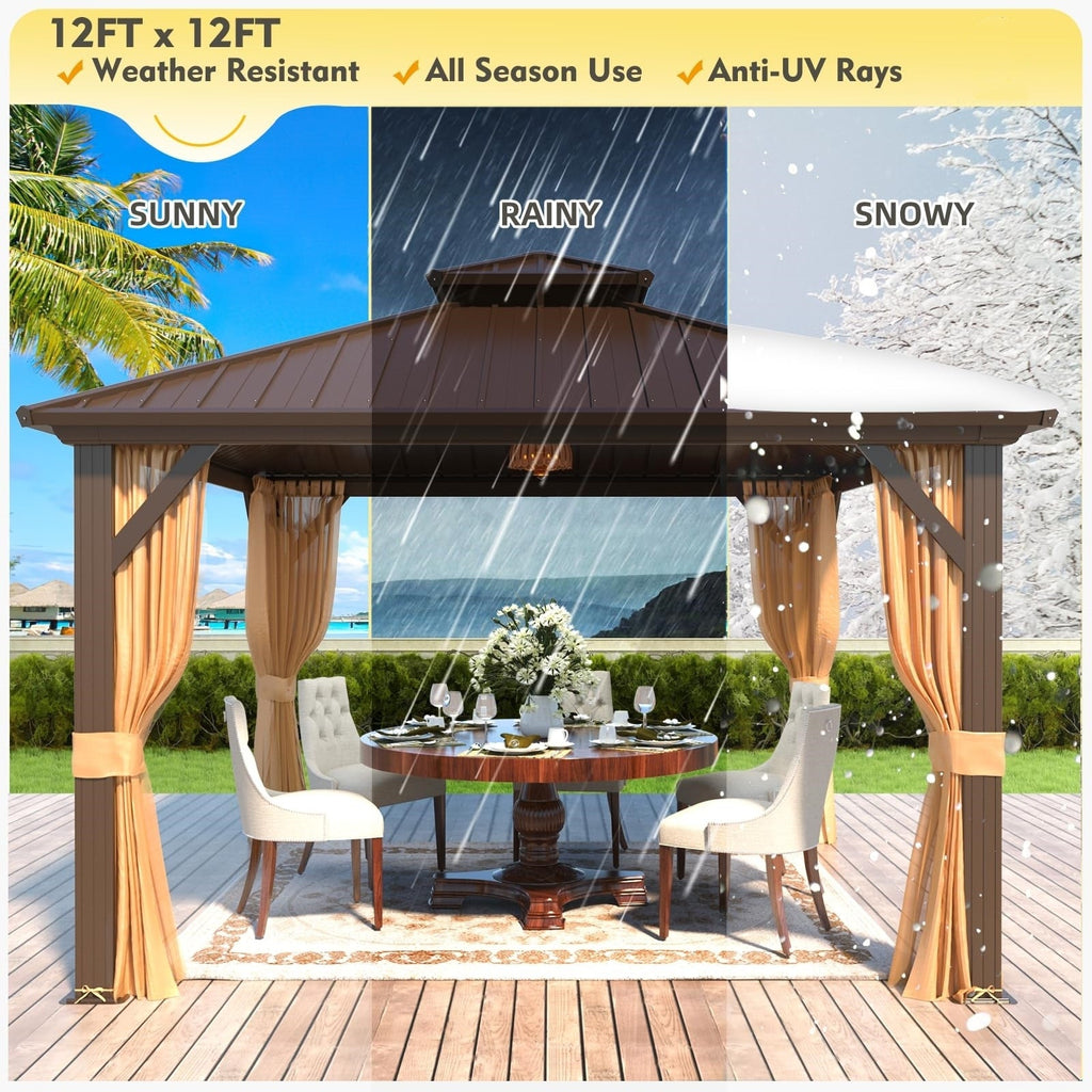 Tonnelle d'extérieur à toit rigide avec double toit en acier galvanisé et cadre en aluminium, pergola extérieure avec rideaux et filets haut de gamme