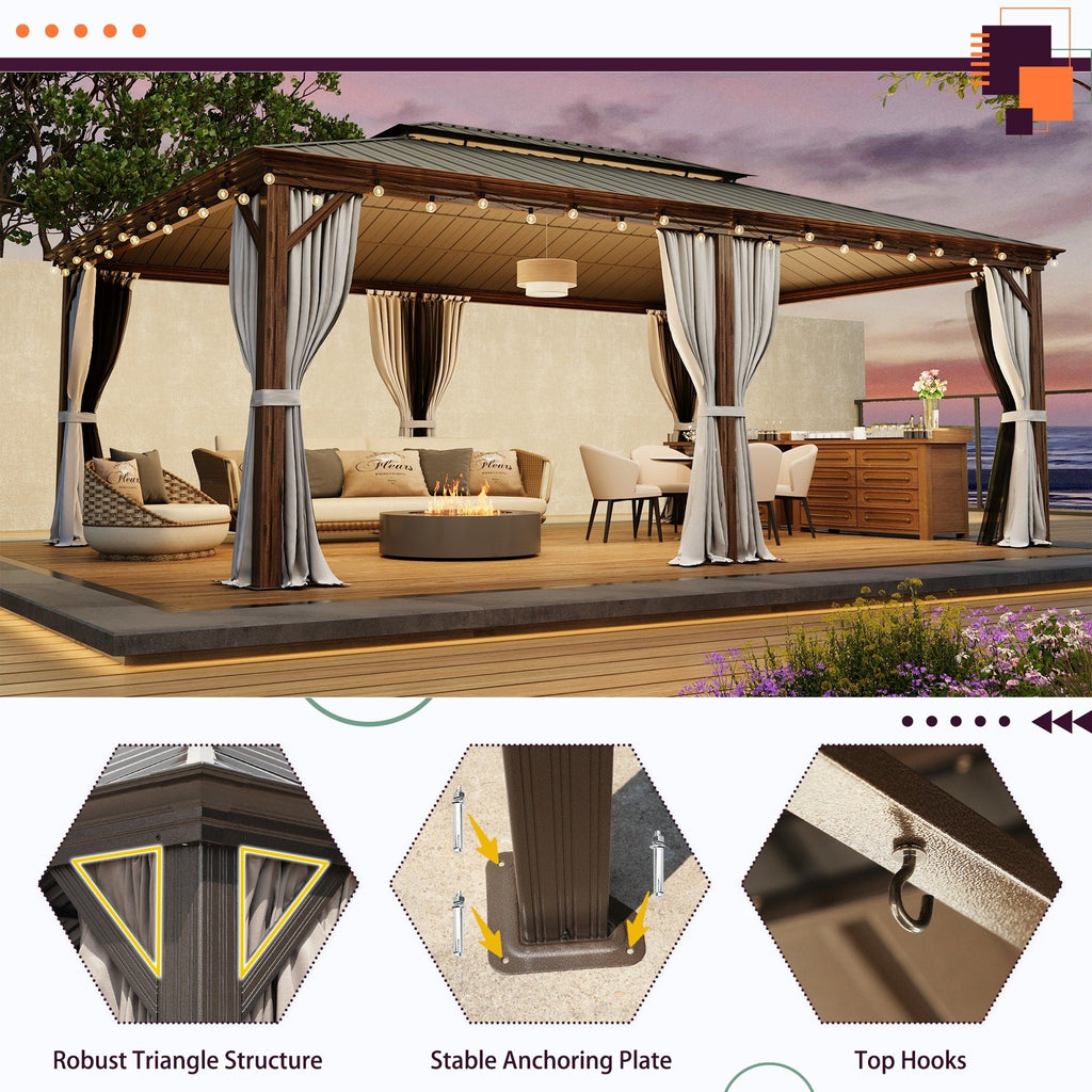 Tonnelle d'extérieur à toit rigide avec double toit en acier galvanisé et cadre en aluminium, pergola extérieure avec rideaux et filets haut de gamme