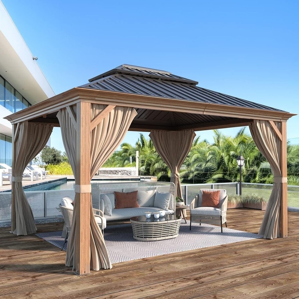 Tonnelle d'extérieur à toit rigide avec double toit en acier galvanisé et cadre en aluminium, pergola extérieure avec rideaux et filets haut de gamme