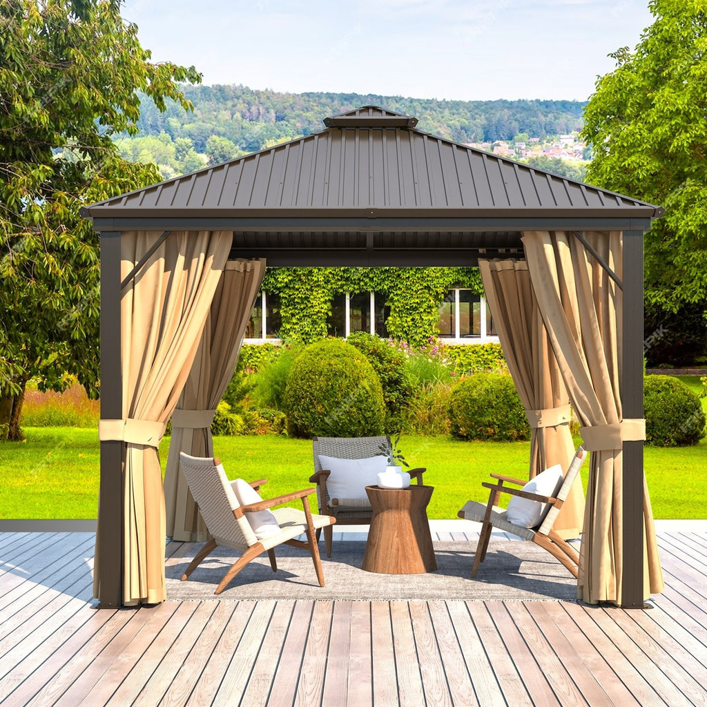Tonnelle d'extérieur à toit rigide avec double toit en acier galvanisé et cadre en aluminium, pergola extérieure avec rideaux et filets haut de gamme