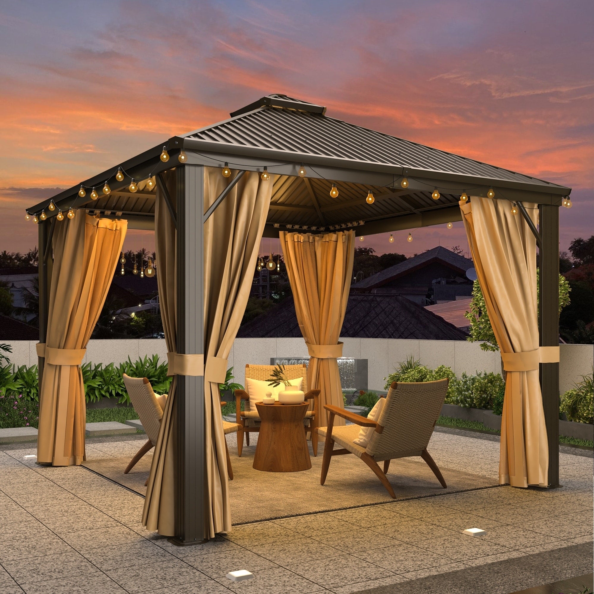 Tonnelle d'extérieur à toit rigide avec double toit en acier galvanisé et cadre en aluminium, pergola extérieure avec rideaux et filets haut de gamme