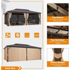 Tonnelle d'extérieur à toit rigide avec double toit en acier galvanisé et cadre en aluminium, pergola extérieure avec rideaux et filets haut de gamme