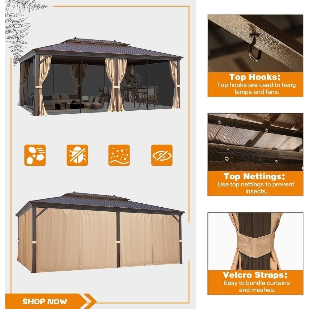 Tonnelle d'extérieur à toit rigide avec double toit en acier galvanisé et cadre en aluminium, pergola extérieure avec rideaux et filets haut de gamme