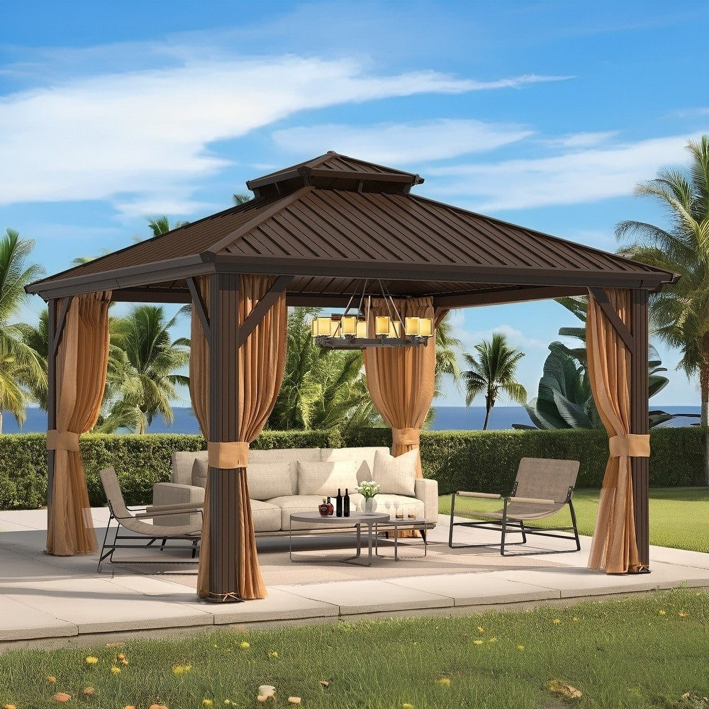 Tonnelle d'extérieur à toit rigide avec double toit en acier galvanisé et cadre en aluminium, pergola extérieure avec rideaux et filets haut de gamme