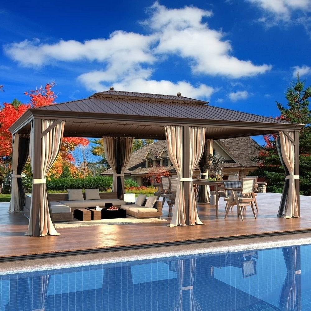 Tonnelle d'extérieur à toit rigide avec double toit en acier galvanisé et cadre en aluminium, pergola extérieure avec rideaux et filets haut de gamme