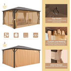 Tonnelle à toit rigide pour jardin – Pergola permanente avec filet, rideaux et double toit, abri extérieur toutes saisons