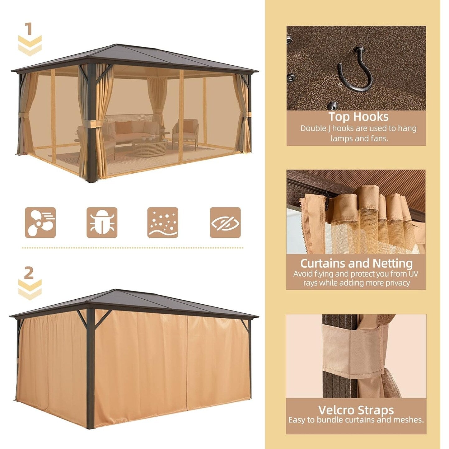 Tonnelle à toit rigide pour jardin – Pergola permanente avec filet, rideaux et double toit, abri extérieur toutes saisons