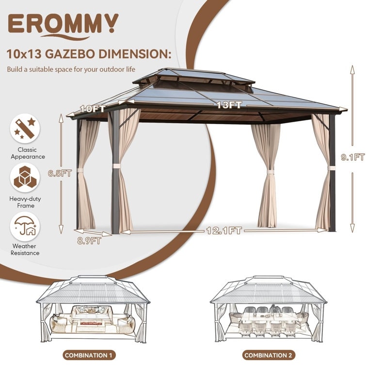 Tonnelle à toit rigide pour jardin – Pergola permanente avec filet, rideaux et double toit, abri extérieur toutes saisons