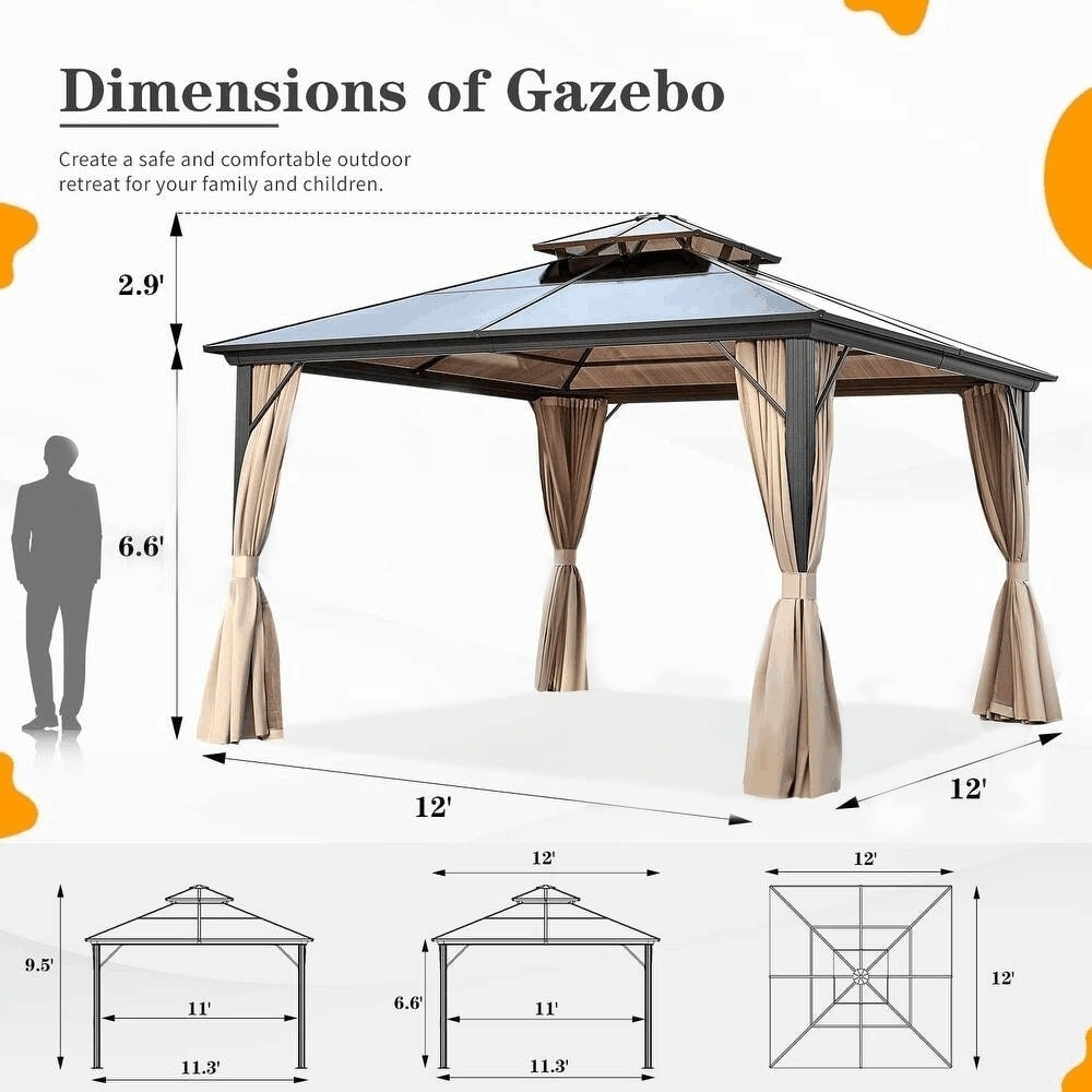 Tonnelle à toit rigide pour jardin – Pergola permanente avec filet, rideaux et double toit, abri extérieur toutes saisons