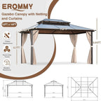 Tonnelle à toit rigide pour jardin – Pergola permanente avec filet, rideaux et double toit, abri extérieur toutes saisons