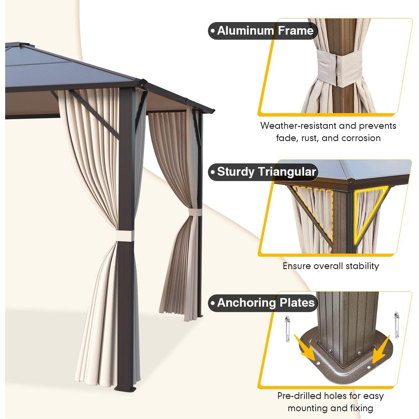Tonnelle à toit rigide pour jardin – Pergola permanente avec filet, rideaux et double toit, abri extérieur toutes saisons