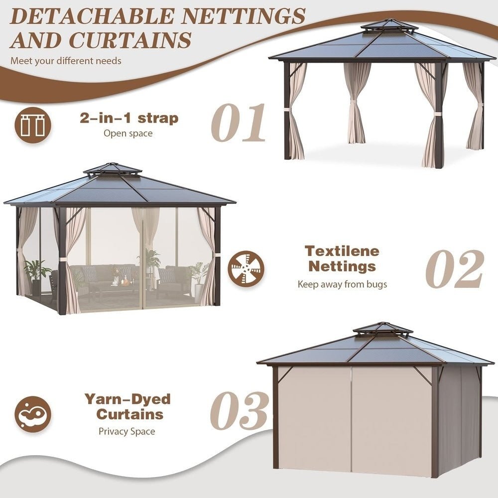 Tonnelle à toit rigide pour jardin – Pergola permanente avec filet, rideaux et double toit, abri extérieur toutes saisons