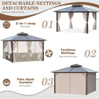 Tonnelle à toit rigide pour jardin – Pergola permanente avec filet, rideaux et double toit, abri extérieur toutes saisons